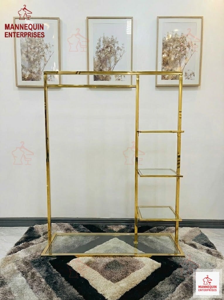 Gold Clothing & Display Rack – Multi-Level Shelf Design (155 cm)