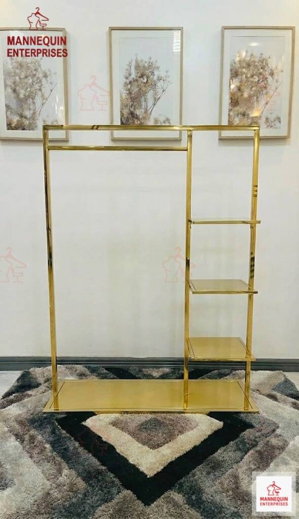 Gold Clothing & Display Rack – Side Shelf Design (155 cm)