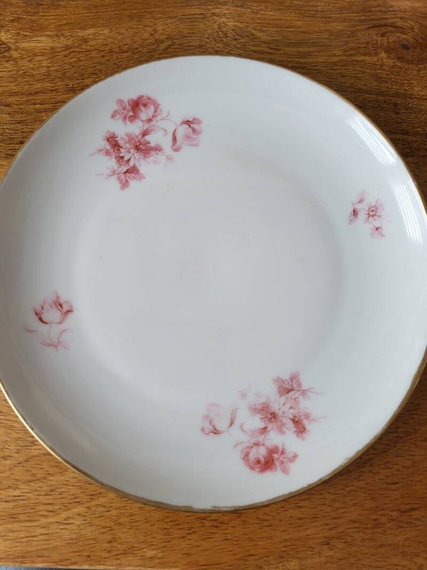 Bordje roze bloemen met gouden rand 16cm