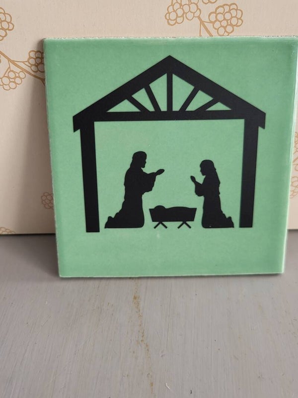 Tegeltje kerststal groen 10x10 cm
