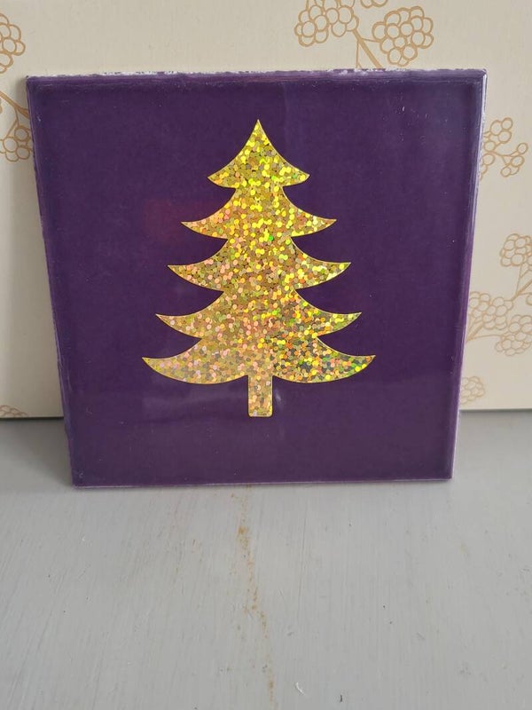 Kerstboom goud glitter paars 10x10cm