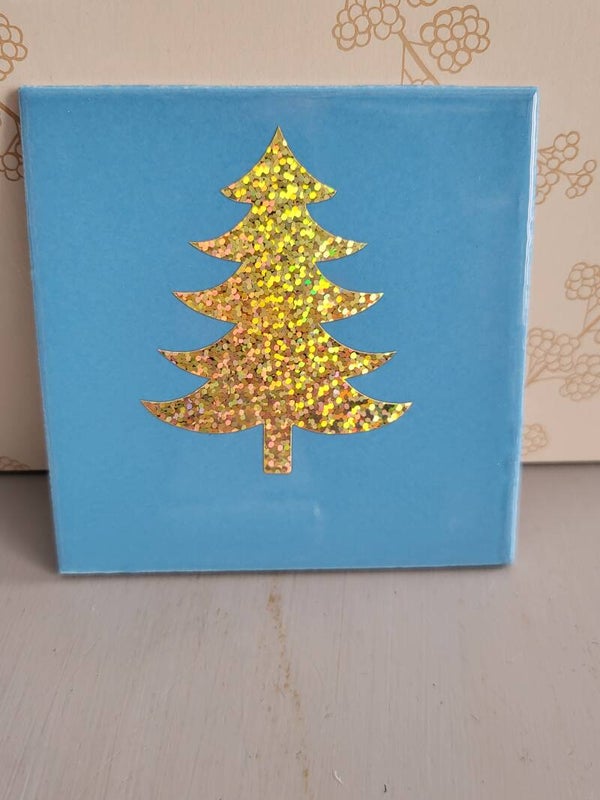Kerstboom goud glitter hemelsblauw 10x10cm