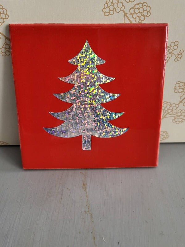Kerstboom zilver glitter rood 10x10cm