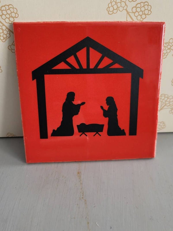 Tegeltje kerststal rood 10x10cm