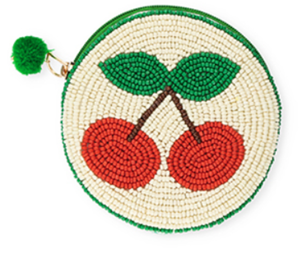 Portemonnee rond met kersen Off white-green-brown-red