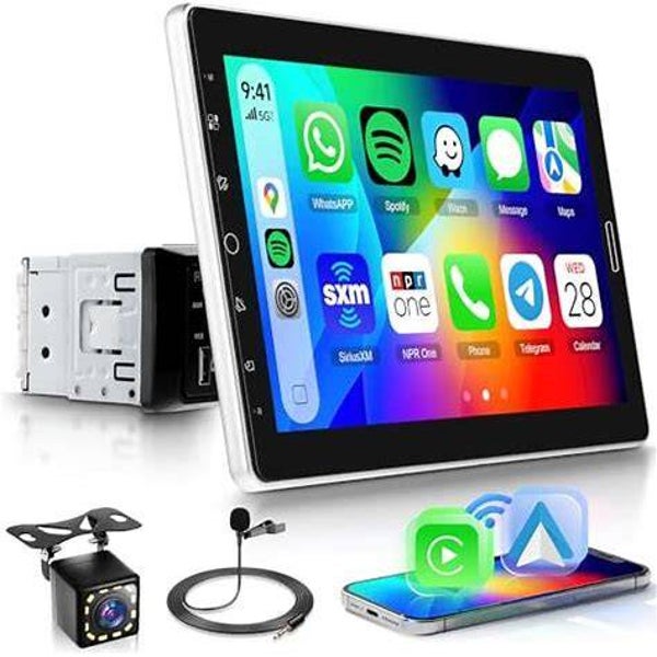 Rimoody 10.1 Inch Single Din Car Stereo Wireless Carplay Android Auto, Car Radio