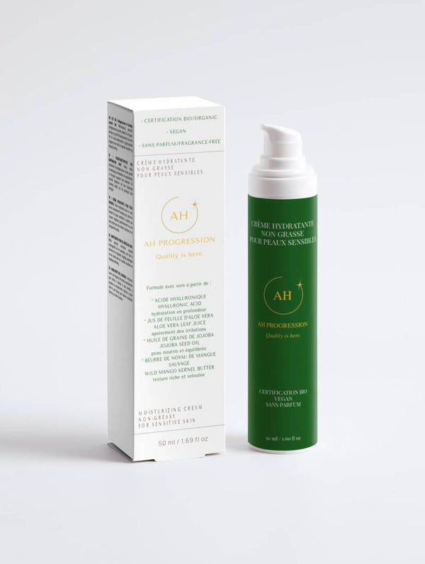 Crème hydratante non grasse pour peaux sensibles, sans parfum, vegan, BIO naturellement by AH PROGRESSION
