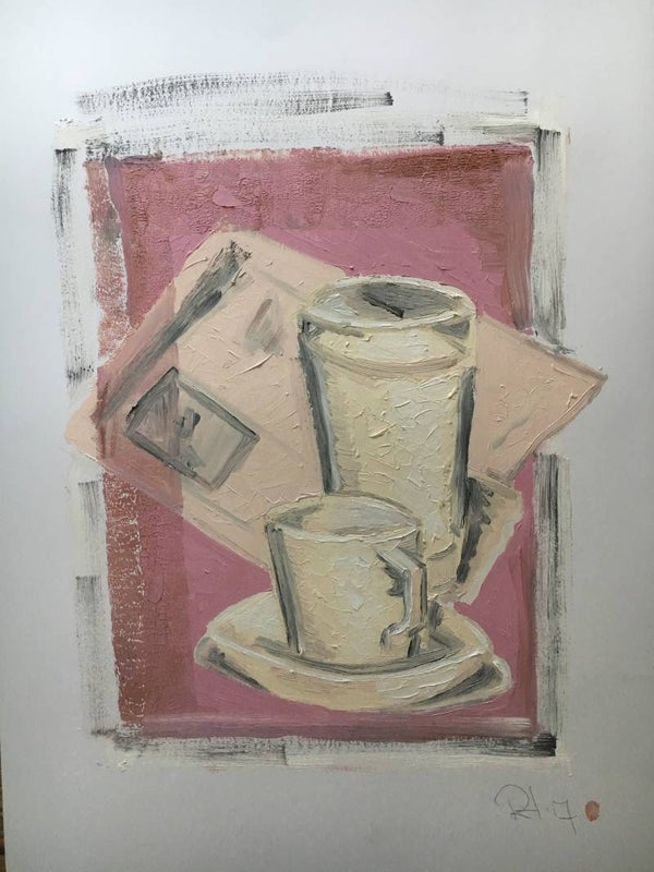 "Coffee and news on a table" 2017 