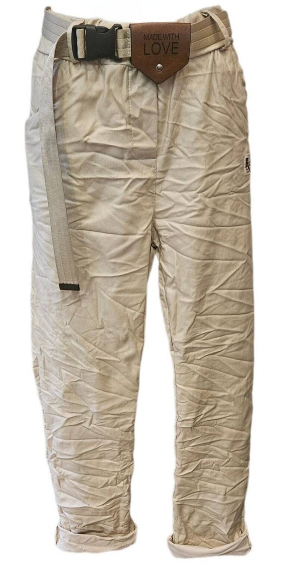 1096-BR  Broek lederlook stretch met riem