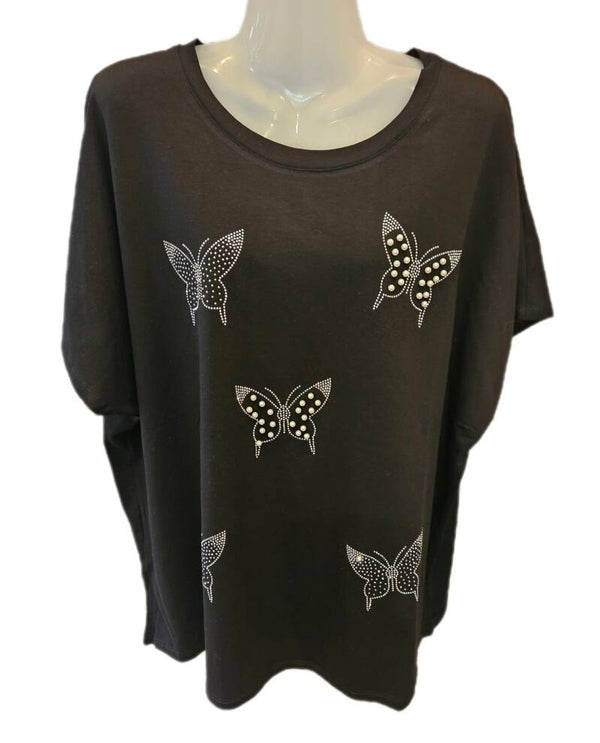 382-SHGR  Shirt opdruk vlinder parel/blingbling