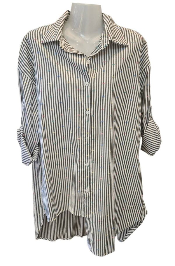984-BL  Overhemd blouse streep met pastel stippen