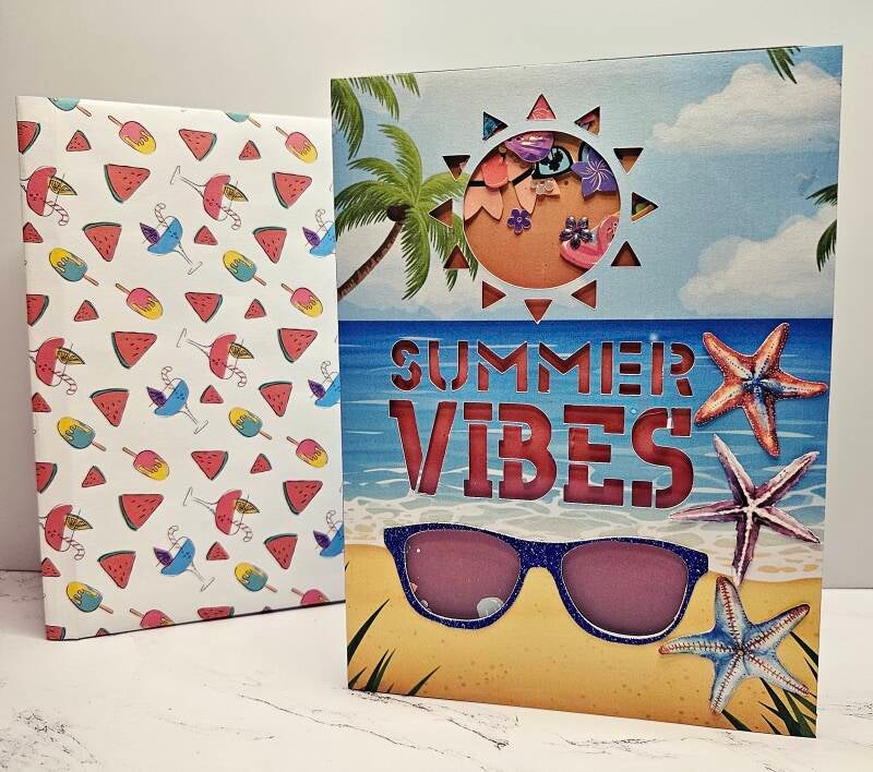 Image show a summer vibes shaker card and envelope.