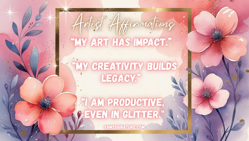 Image: Artist Affirmations. "My art has impact." "My creativity builds legacy." "I am productive, even in glitter."
