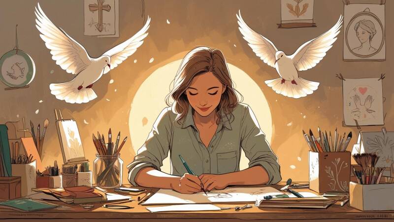 Image (AI Generated Art): Illustration features a woman sketching at her desk with doves representing the divine creator guiding the artist.