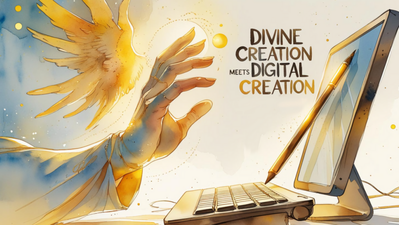 Image (AI Generated Art): Image shows a divine hand with wings reaching for a stylus that leans against a computer monitor atop a keyboard. Text reads: Divine Creation Meet's Digital Creation.
