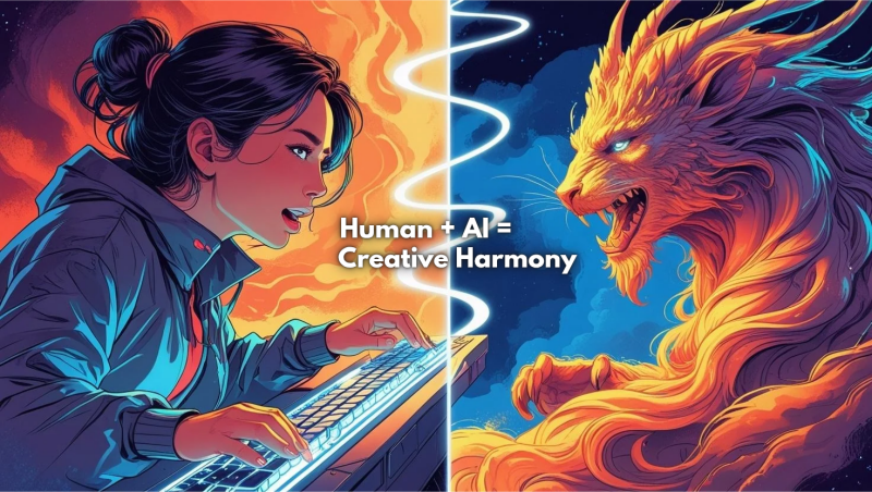 Image (AI Generated Art): Shows girl on left side creating with a keyboard, and opposite of her is her creation that depicts a wildcat swirling up, with neon lights and other futuristic elements. Text reads Human + AI = Creative Harmony.