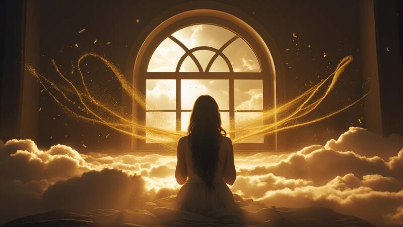 In this AI generated image, a woman kneels in serene stillness before a grand arched window, bathed in radiant golden light. She is surrounded by clouds, as if seated on the edge of heaven, with streams of shimmering light swirling gently around her. The 