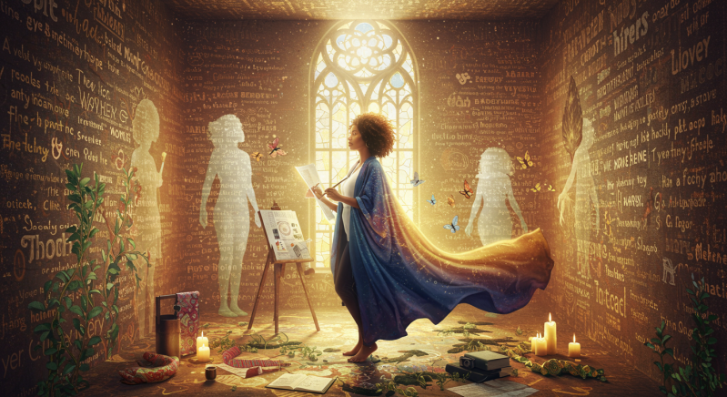 In this AI generated image, a radiant, sacred workspace glows with divine energy—a woman stands at its center, surrounded by creative tools like journals, scripture scrolls, and candles. Her robe shifts from deep indigo to gold, symbolizing spiritual evol
