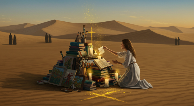 In this AI generated image, a woman is kneeling in the desert, building a pyramid with books, art supplies, and lit candles. In the background are silhouettes of onlookers, who don't lift a hand to help, but watch from a distance, as she continues to buil