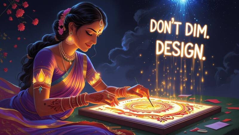 This is an AI-generated image. It shows a woman in traditional Indian attire, with intricate jewelry and henna, creating a glowing, circular design on a canvas or a board. She is seated outdoors at night under a starry sky. The design she is creating shin