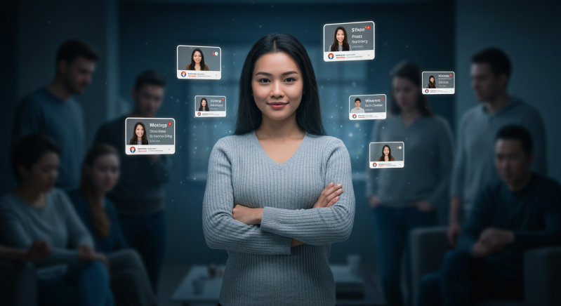 In this AI generated image, a woman stands confidently in front of a phone screen, her business posts floating around her, while behind her, family and friends scroll silently—faces blurred, indifferent expressions. The atmosphere is cool and muted except