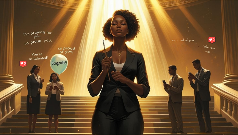 In this AI generated image, a glowing spotlight shines on a confident woman at the center of a staircase, surrounded by admirers. Social media-style comments hover around them—heartfelt but paired with “0” notifications—highlighting the contrast between r