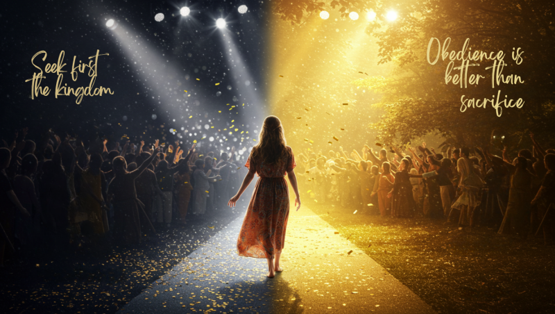 In this AI generated image, a woman walks confidently down a divided path—half bathed in cool stage lights, the other in warm, heavenly glow. On the left, a crowd celebrates under artificial spotlights, with the words “Seek first the kingdom” written abov
