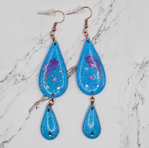 Blue Glitter Teardrop Earrings with Shooting Star