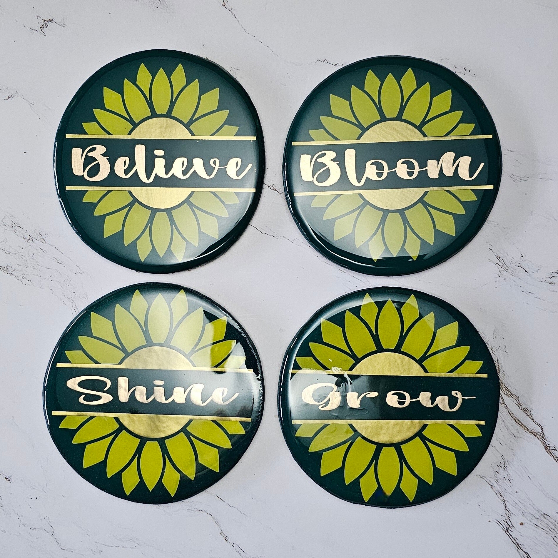 Sunflower “Bloom • Believe • Shine • Grow” Coaster Set