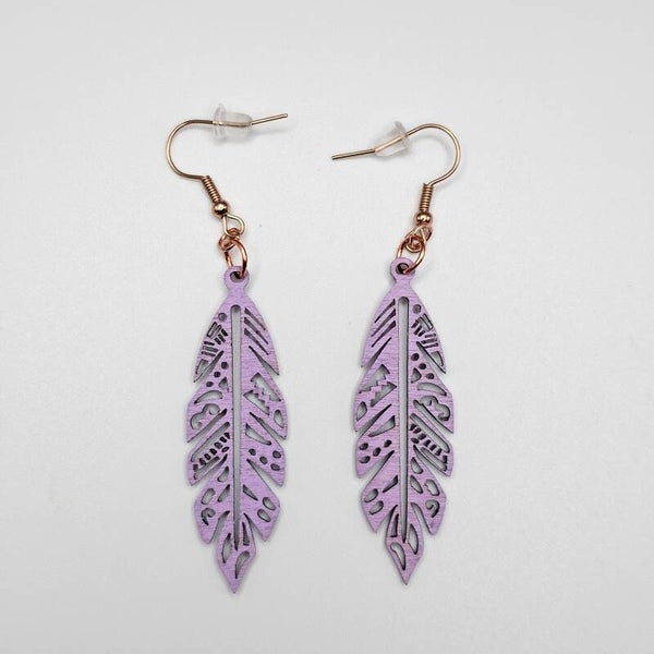 Lavender Feather Wooden Earrings