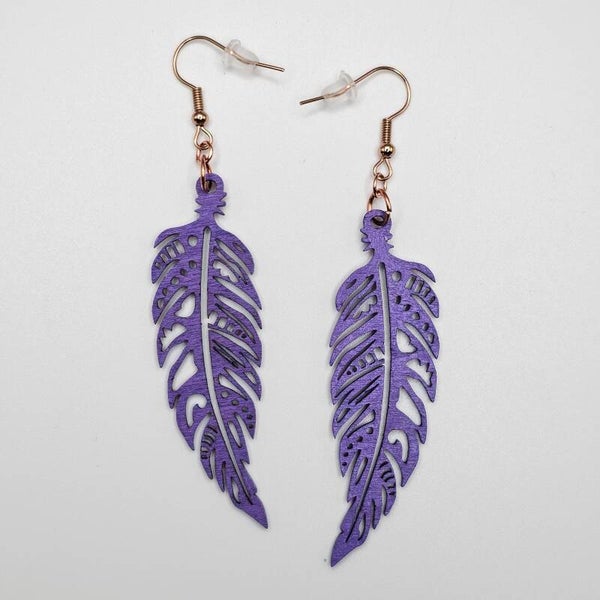 Purple Feather Wooden Earrings
