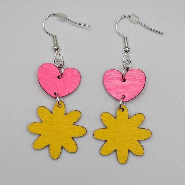 Heart & Flower Wooden Earrings