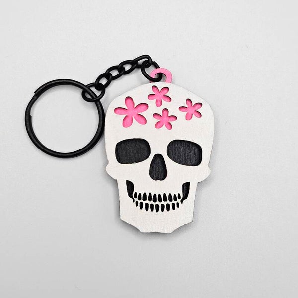 Layered Skull Wooden Keychain
