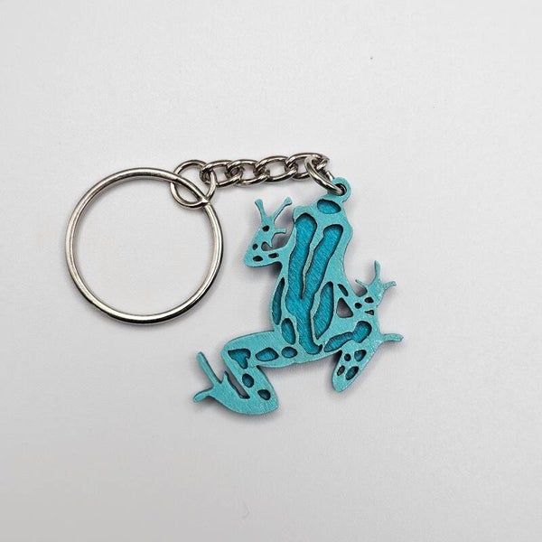 Layered Blue Frog Wooden Keychain