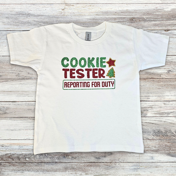 Cookie Tester Reporting for Duty – Kid's Glitter Christmas T-Shirt
