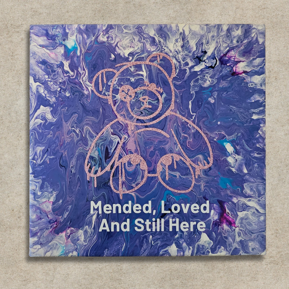 Mended, Loved, And Still Here – Glitter Bear Mixed Media Wall Art | 12x12 Acrylic Pour Canvas