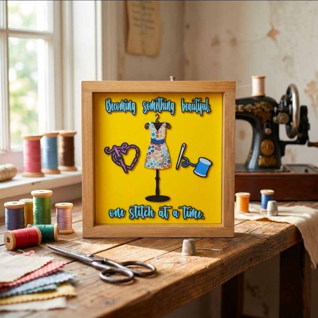 "Becoming Something Beautiful" Mixed‑Media Sewing Art — 11×11