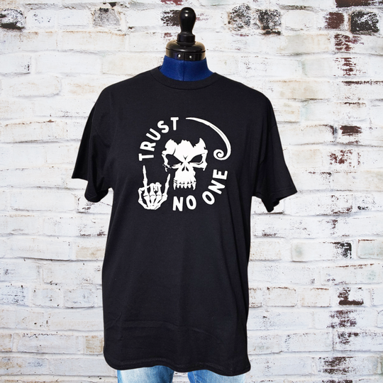 Trust No One Skull and Rockstar Skeleton Hand T-shirt