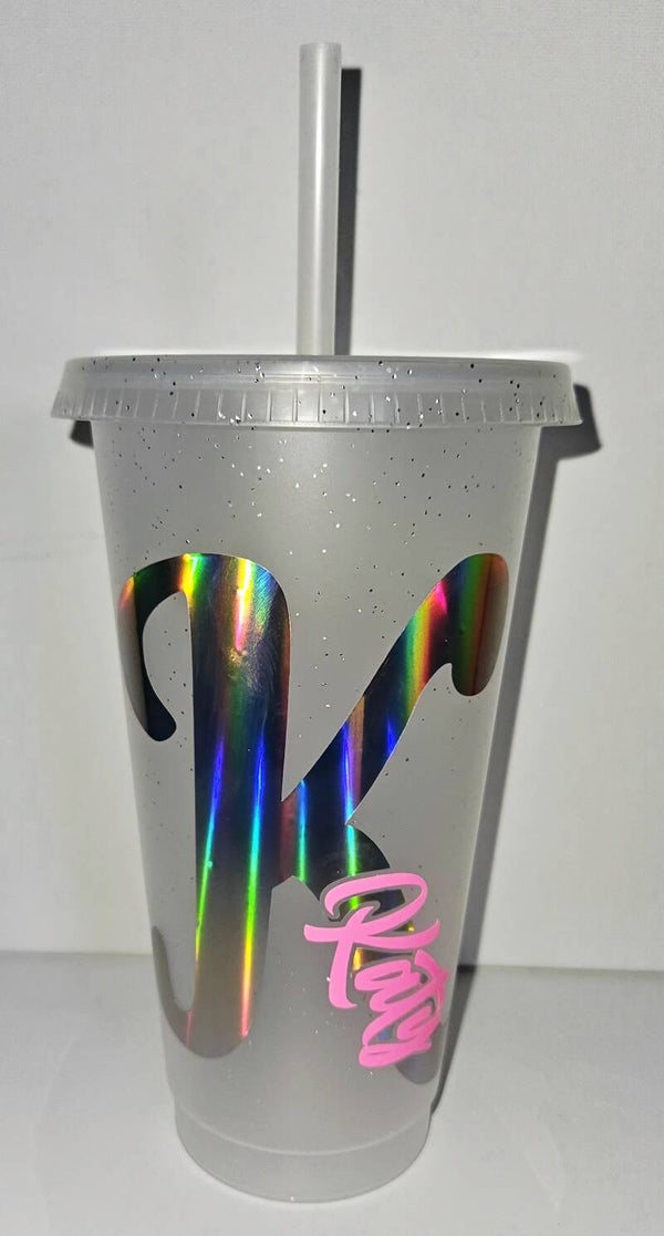 Personalised holographic initial glitter cups
