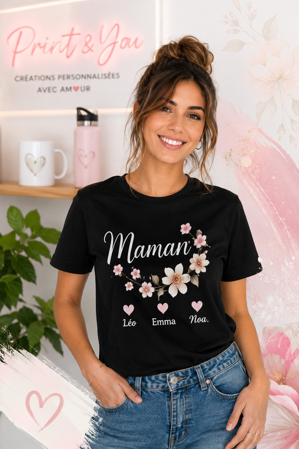 Tee-shirt fleuri “Maman” personnalisé 🌸
