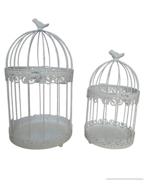 J design Decoratief vogelkooi wit, Set van 2 , H40,5xD22cm