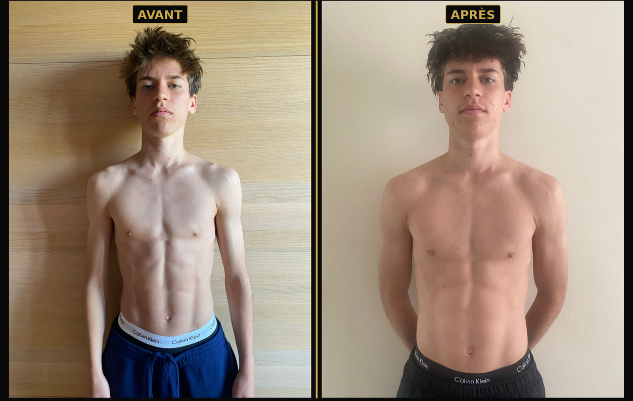 Lukas, jeune footballeur KAA Gent U18, avant et après sa prise de masse encadrée en nutrition par BodyFitWithMe
