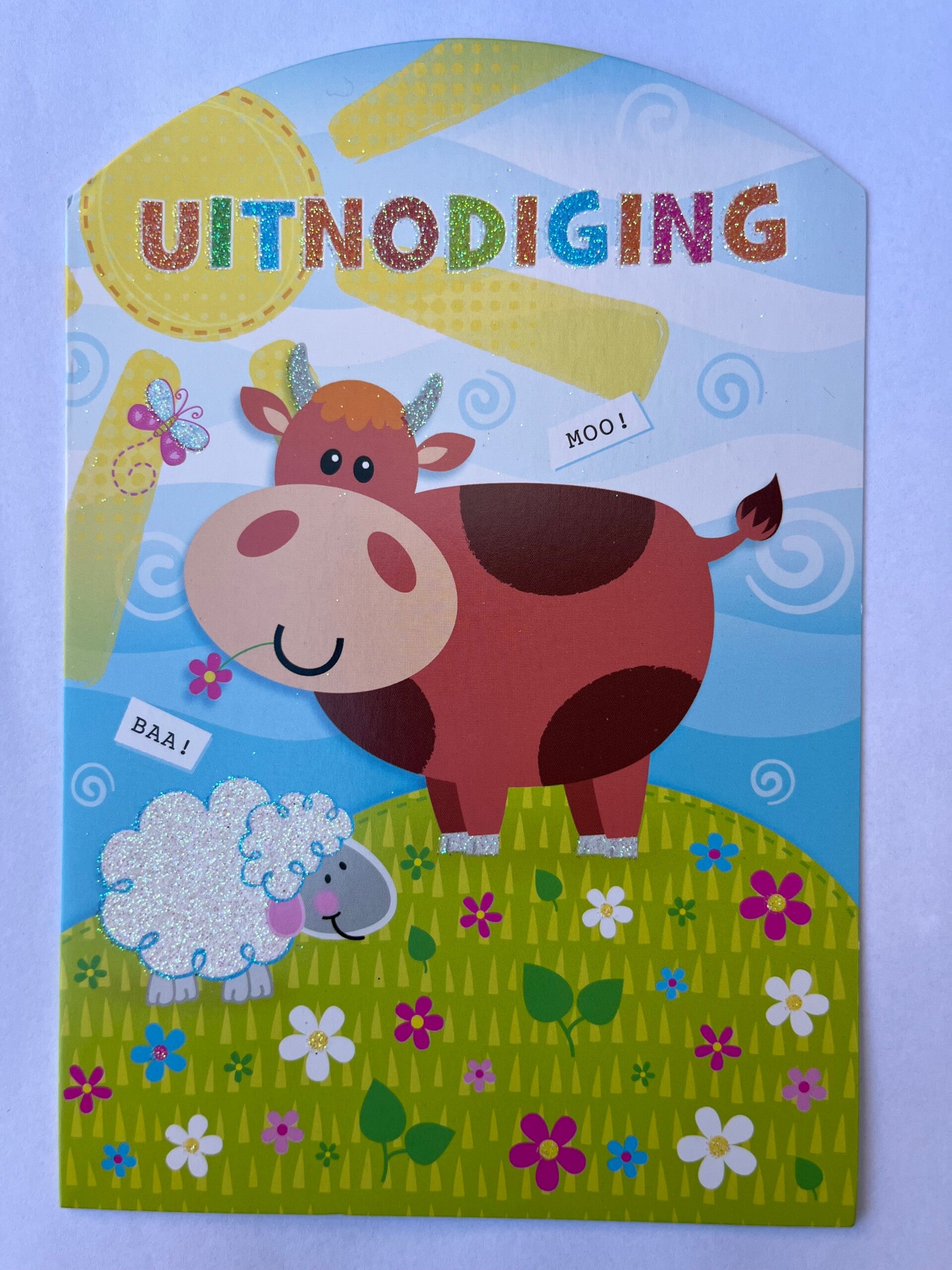 Kinderfeest uitnodiging – 6 stuks - Koe en schaap met glitter