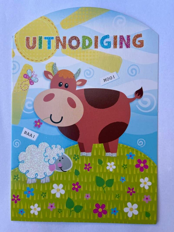 Kinderfeest uitnodiging – 6 stuks - Koe en schaap met glitter