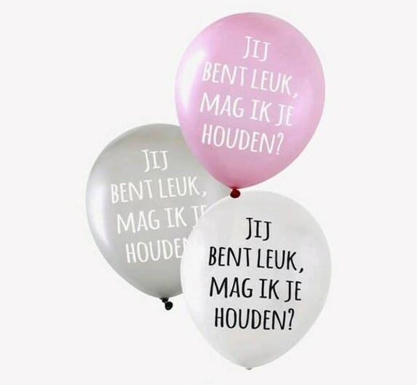 LO6 Latex ballon met opdruk (jij bent leuk, mag ik je houden?) wit met helium