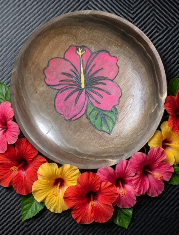 Hibiscus engraved black walnut shallow bowl