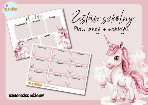 Plan lekcji + naklejki - jednorożec różowy