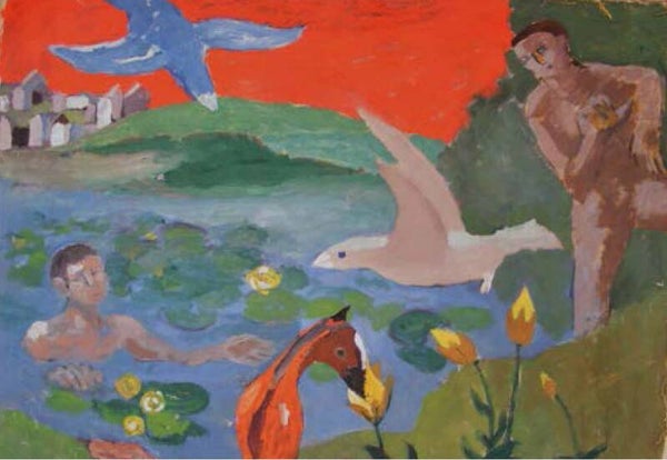 Red Sky, Birds and Man in Pond