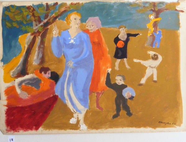 Woman in blue with children