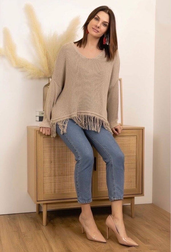 Trui met franjes en V-hals in taupe